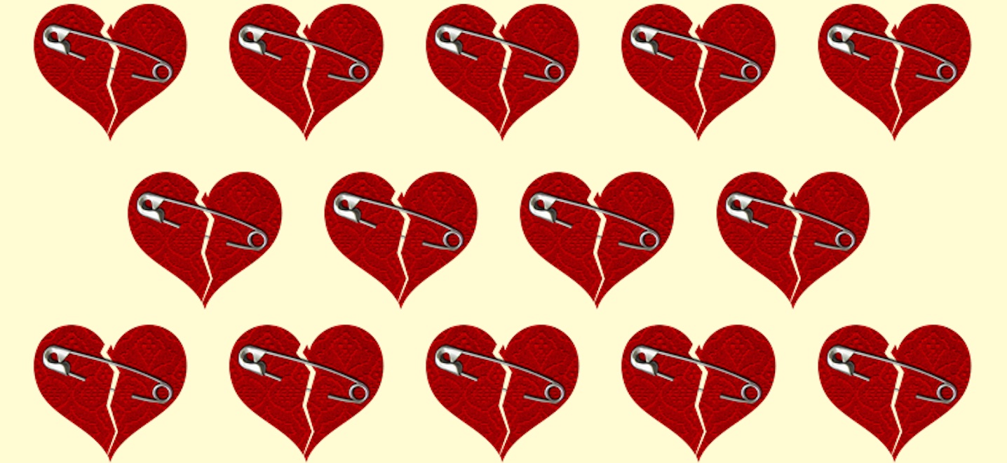 a series of red hearts with a jagged line down the middle and a safety pin holding it together