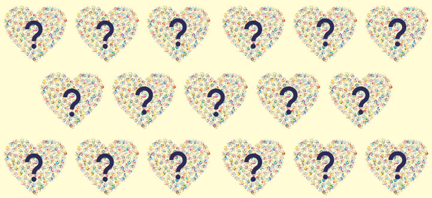 a series of hearts created from multicolored handprints on a yellow background with a dark question mark on top of each heart