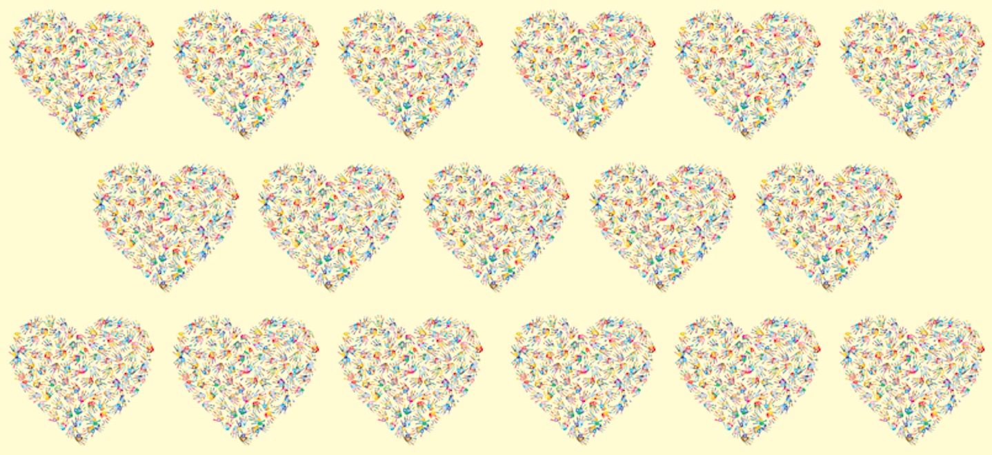 a series of hearts created from multicolored handprints on a yellow background