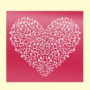 A heart created from white musical notes on a red background