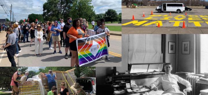 a collection of four images, one is a gay pride march, one is a black lives matter sign on a parking lot, one is a food drive truck and one is an older black and white photo of a man in an office.