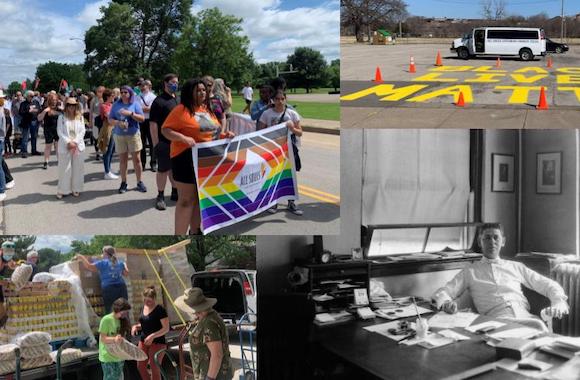 a collection of four images, one is a gay pride march, one is a black lives matter sign on a parking lot, one is a food drive truck and one is an older black and white photo of a man in an office.