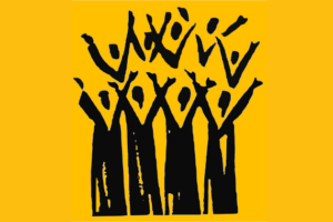 yellow background with sketched black figures with arms raised above their hands.