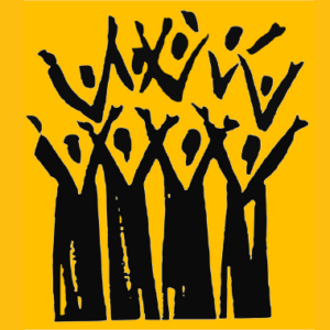 yellow background with sketched black figures with arms raised above their hands.