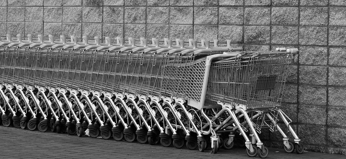 A line of nested shopping carts against a concrete wall