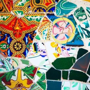 "Part of the mosaic bench at parc Guell made by Antonio Gaudi, Barcelona, Spain"