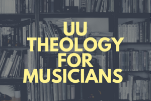 UU Theology of Musicians with a bookshelf behind it