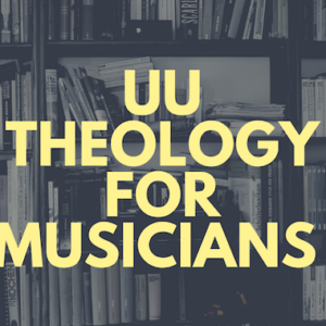 UU Theology of Musicians with a bookshelf behind it