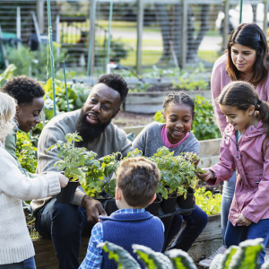 Community Garden with Black man teaching a group of black, brown and white children