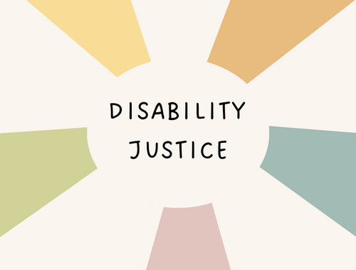 words disability justice in the center of multi colored rays going outward