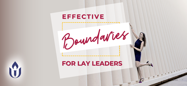 Banner showing the text ‘Effective Boundaries for Lay Leaders’ with the program’s Dean standing next to it, positioned as if she is holding up the logo. A neutral wall forms the background, and a small blue UU Institute chalice logo is in the top left corner, emphasizing the program’s affiliation.